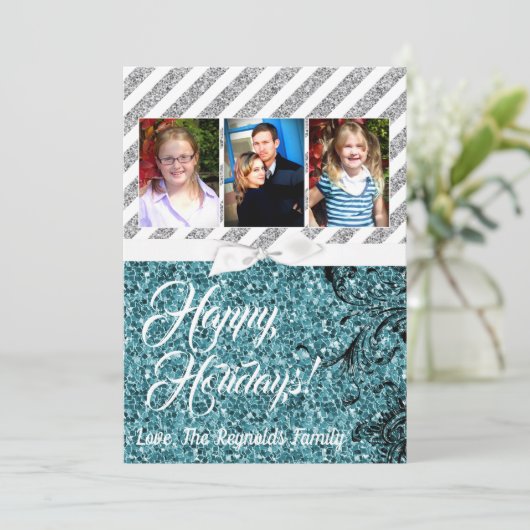 5x7 XMAS Kerstmis Blauw Glitter Sneeuwbal FOTO-kaa Feestdagenkaart (Staand voorkant)