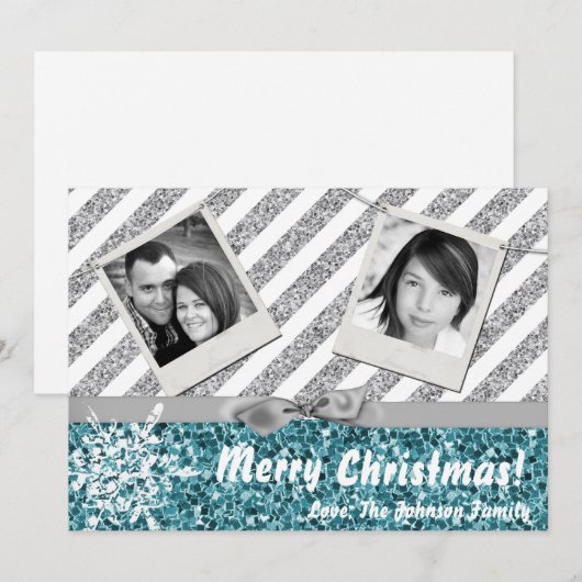 5x7 XMAS Kerstmis Blauw Glitter Sneeuwbal FOTO-kaa Feestdagenkaart (Voorkant / Achterkant)