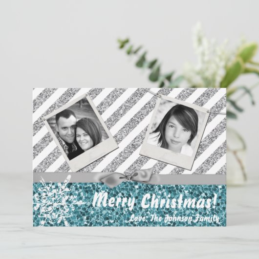 5x7 XMAS Kerstmis Blauw Glitter Sneeuwbal FOTO-kaa Feestdagenkaart (Staand voorkant)