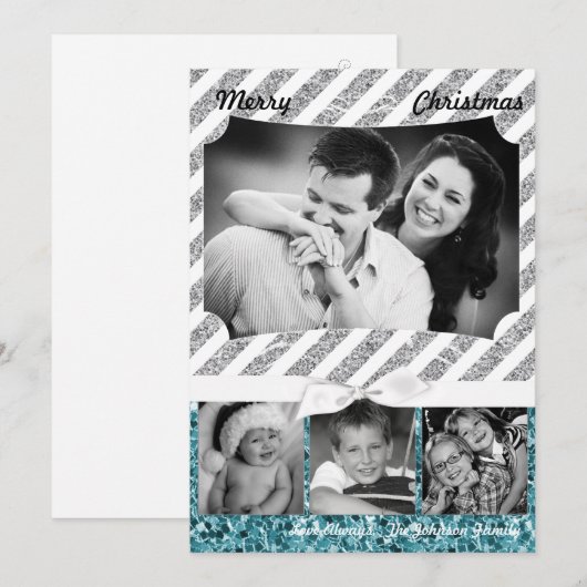 5x7 XMAS Kerstmis Blauw Glitter Sneeuwbal FOTO-kaa Feestdagenkaart (Voorkant / Achterkant)