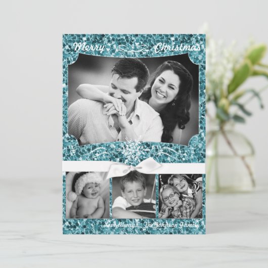 5x7 XMAS Kerstmis Blauw Glitter Sneeuwbal FOTO-kaa Feestdagenkaart (Staand voorkant)