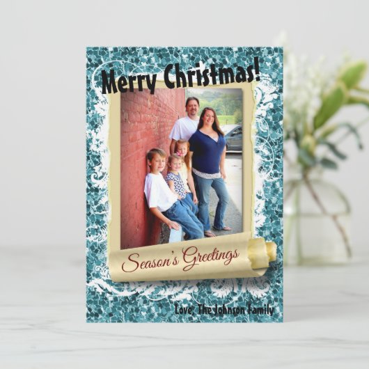 5x7 XMAS Kerstmis Blauw Glitter Sneeuwbal FOTO-kaa Feestdagenkaart (Staand voorkant)