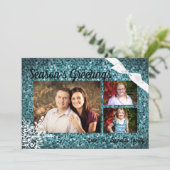 5x7 XMAS Kerstmis Blauw Glitter Sneeuwbal FOTO-kaa Feestdagenkaart (Staand voorkant)