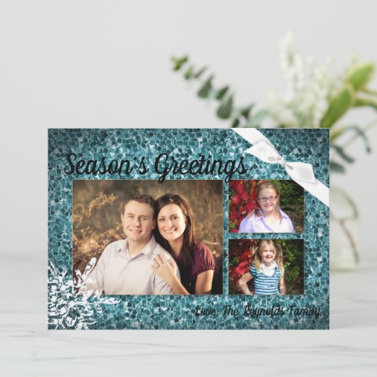 5x7 XMAS Kerstmis Blauw Glitter Sneeuwbal FOTO-kaa Feestdagenkaart (Staand voorkant)
