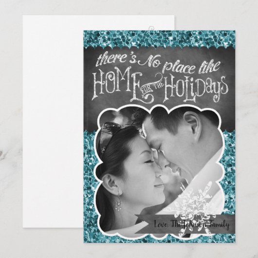 5x7 XMAS Kerstmis Blauw Glitter Sneeuwbal FOTO-kaa Feestdagenkaart (Voorkant / Achterkant)