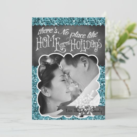 5x7 XMAS Kerstmis Blauw Glitter Sneeuwbal FOTO-kaa Feestdagenkaart (Staand voorkant)