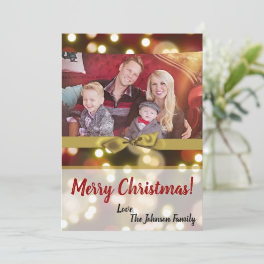 5x7 XMAS Kerstmis Gouden Bokeh Lichten FOTO-kaart Feestdagenkaart (Staand voorkant)