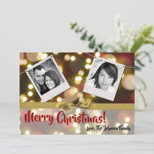 5x7 XMAS Kerstmis Gouden Bokeh Lichten FOTO-kaart Feestdagenkaart (Staand voorkant)