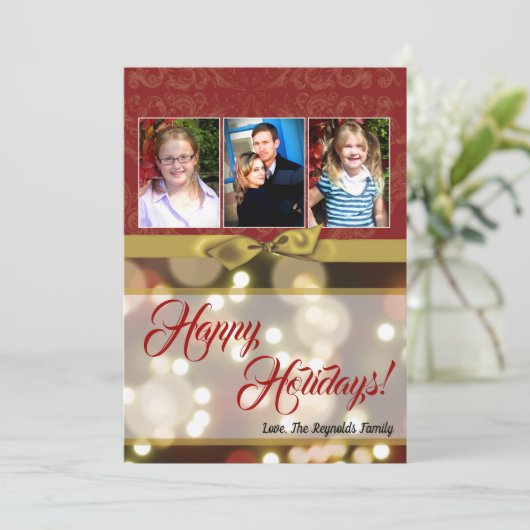 5x7 XMAS Kerstmis Gouden Bokeh Lichten FOTO-kaart Feestdagenkaart (Staand voorkant)