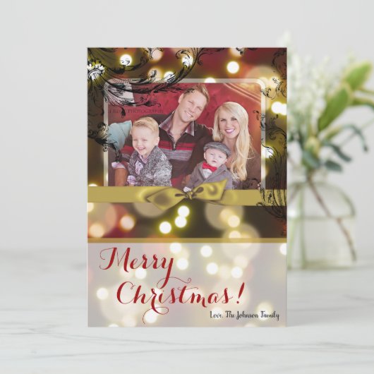 5x7 XMAS Kerstmis Gouden Bokeh Lichten FOTO-kaart Feestdagenkaart (Staand voorkant)