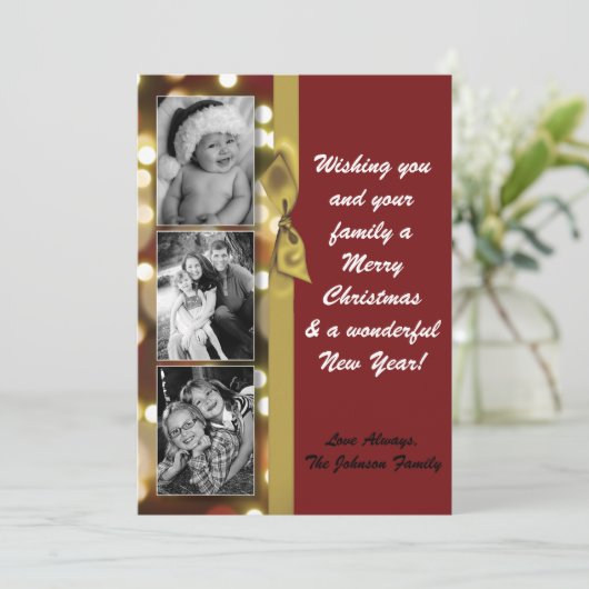 5x7 XMAS Kerstmis Gouden Bokeh Lichten FOTO-kaart Feestdagenkaart (Staand voorkant)