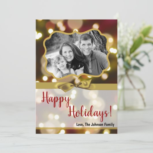 5x7 XMAS Kerstmis Gouden Bokeh Lichten FOTO-kaart Feestdagenkaart (Staand voorkant)