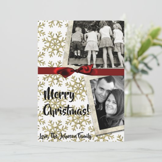 5x7 XMAS Kerstmis Gouden Sneeuwvlok Glit FOTOKAART Feestdagenkaart (Staand voorkant)
