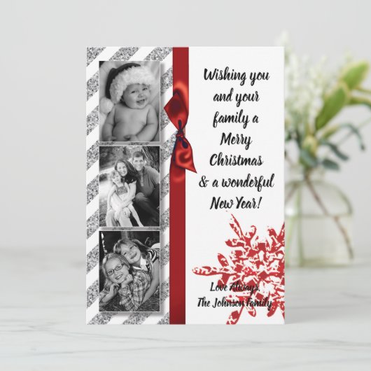 5x7 XMAS Kerstmis Rode Glitter Sneeuwvlok FOTO-kaa Feestdagenkaart (Staand voorkant)