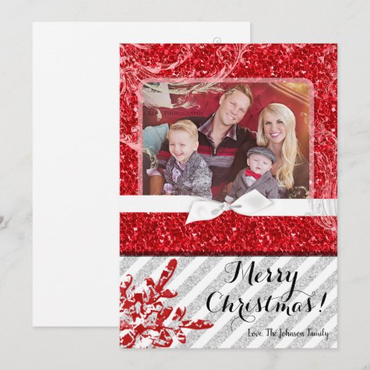 5x7 XMAS Kerstmis Rode Glitter Sneeuwvlok FOTO-kaa Feestdagenkaart (Voorkant / Achterkant)