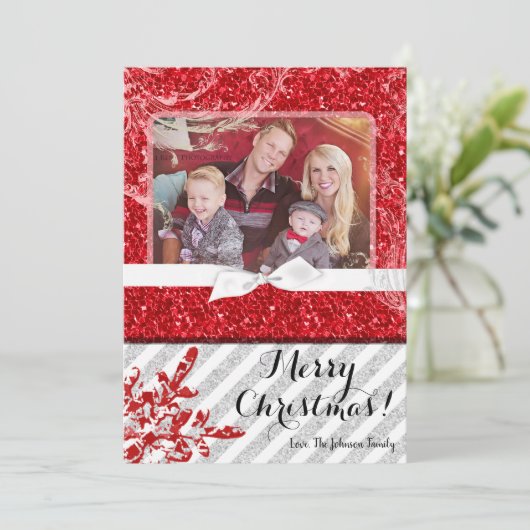 5x7 XMAS Kerstmis Rode Glitter Sneeuwvlok FOTO-kaa Feestdagenkaart (Staand voorkant)