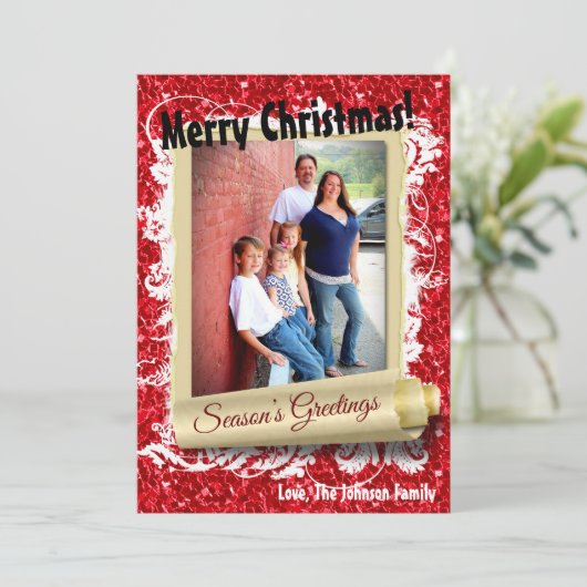 5x7 XMAS Kerstmis Rode Glitter Sneeuwvlok FOTO-kaa Feestdagenkaart (Staand voorkant)