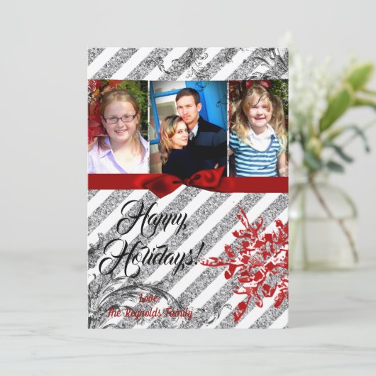 5x7 XMAS Kerstmis Rode Glitter Sneeuwvlok FOTO-kaa Feestdagenkaart (Staand voorkant)