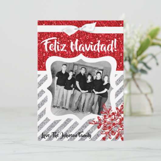 5x7 XMAS Kerstmis Rode Glitter Sneeuwvlok FOTO-kaa Feestdagenkaart (Staand voorkant)