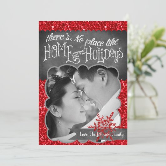 5x7 XMAS Kerstmis Rode Glitter Sneeuwvlok FOTO-kaa Feestdagenkaart (Staand voorkant)