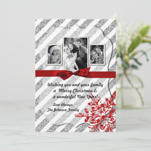 5x7 XMAS Kerstmis Rode Glitter Sneeuwvlok FOTO-kaa Feestdagenkaart (Staand voorkant)