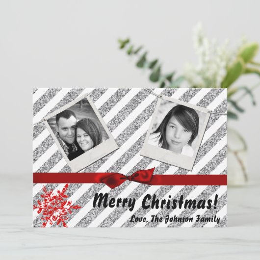 5x7 XMAS Kerstmis Rode Glitter Sneeuwvlok FOTO-kaa Feestdagenkaart (Staand voorkant)