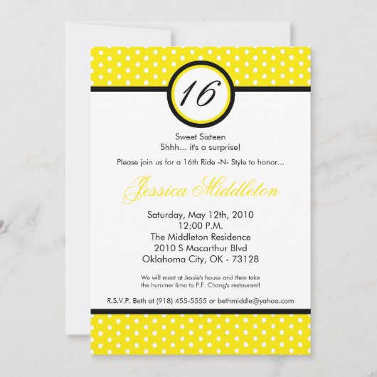 5x7 Yello White Polka Dot 16th Birthday Invitation Kaart (Voorkant)