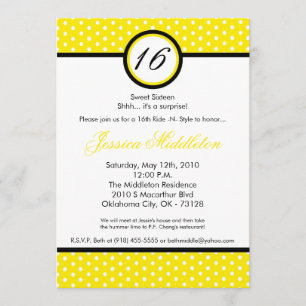 5x7 Yello White Polka Dot 16th Birthday Invitation Kaart
