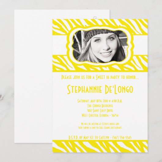 5x7 Yello Zebra FOTO Sweet 16 Verjaardag Uitnodigi Kaart (Voorkant / Achterkant)