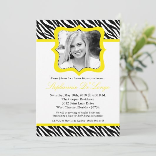 5x7 Yello Zebra FOTO Sweet 16 Verjaardag Uitnodigi Kaart (Staand voorkant)