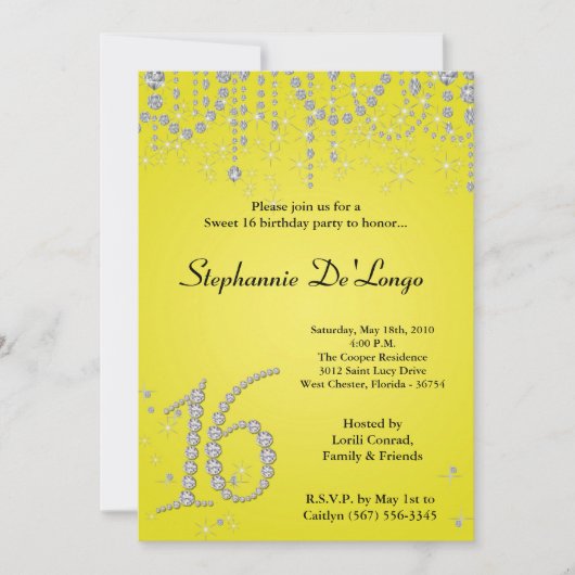5x7 Yellow Diamond Sweet 16 Birthday Invitation Kaart (Voorkant)