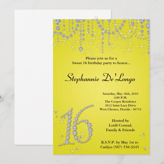 5x7 Yellow Diamond Sweet 16 Birthday Invitation Kaart (Voorkant / Achterkant)