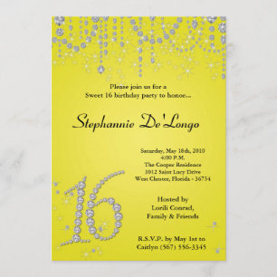 5x7 Yellow Diamond Sweet 16 Birthday Invitation Kaart