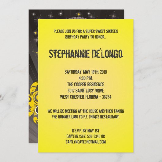 5x7 Yellow DJ Platenspeler 16 Verjaardag Uitnodigi Kaart (Voorkant / Achterkant)