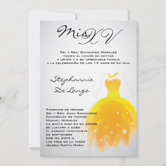 5x7 Yellow Dress Quinceanera Birthday Uitnodiging (Voorkant)
