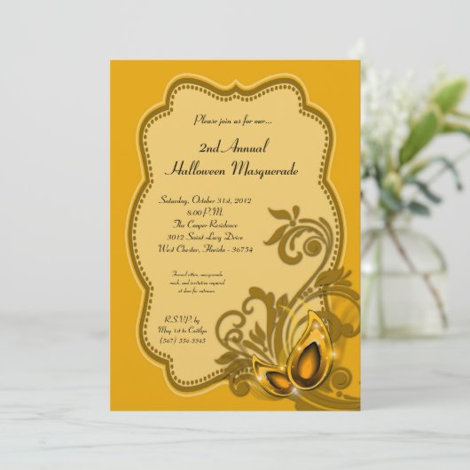 5x7 Yellow Masquerade Halloween Costume Invitation Kaart (Staand voorkant)