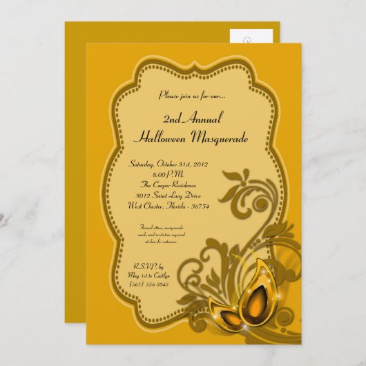 5x7 Yellow Masquerade Halloween Costume Invitation Kaart (Voorkant / Achterkant)