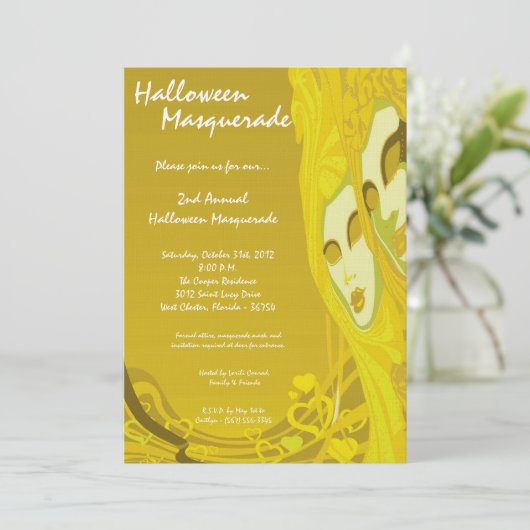 5x7 Yellow Masquerade Halloween Costume Invitation Kaart (Staand voorkant)