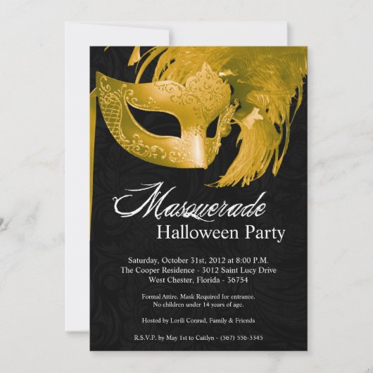5x7 Yellow Masquerade Halloween Invitation Kaart (Voorkant)