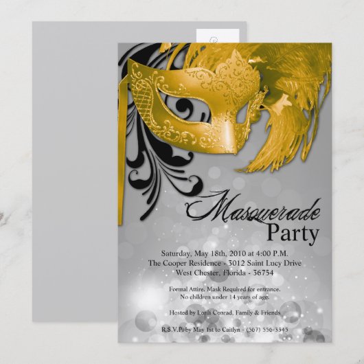 5x7 Yellow Masquerade Sweet 16 Birthday Uitnodigin Kaart (Voorkant / Achterkant)