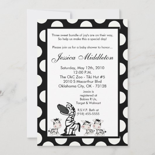 5x7 Zebra Mama TRIPLET Baby shower Uitnodiging (Voorkant)