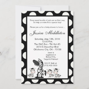 5x7 Zebra Mama TRIPLET Baby shower Uitnodiging