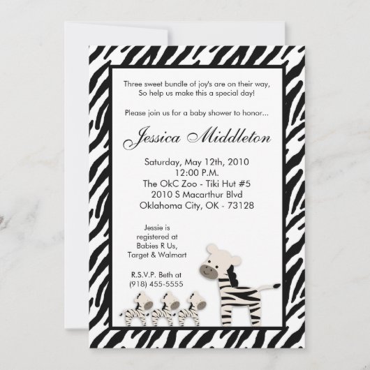 5x7 Zebra Momma TRIPLET Baby shower Uitnodiging (Voorkant)
