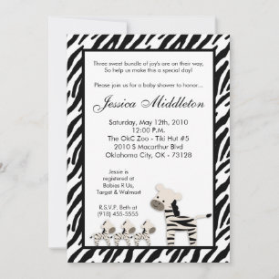 5x7 Zebra Momma TRIPLET Baby shower Uitnodiging