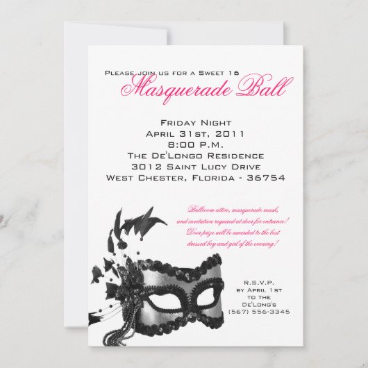 5x7 Zoete 16 Masquerade Ball Birthday Uitnodiging (Voorkant)