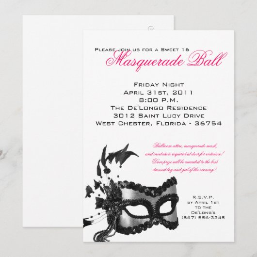 5x7 Zoete 16 Masquerade Ball Birthday Uitnodiging (Voorkant / Achterkant)