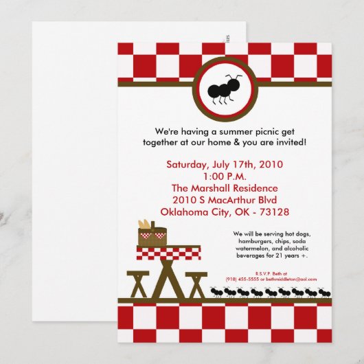 5x7 Zomertijd Picnic Barbecue Uitnodiging (Voorkant / Achterkant)