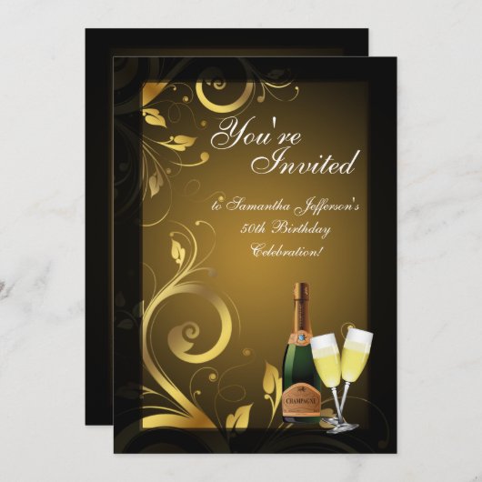 5x7 Zwart en Gouden Swirl, Aangepaste Verjaardagsf Kaart (Voorkant / Achterkant)