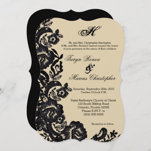 5x7 Zwart Kant Damask Antiek bruiloft uitnodiging (Voorkant / Achterkant)