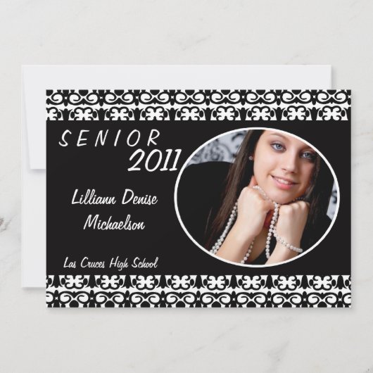 5x7 Zwart Wit Damask Foto Senior Aankondiging (Voorkant)